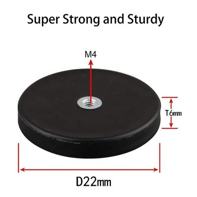 Неодимовый круглый магнит D22x6mm с M4 плоской женской нитью с резиновой поверхностью