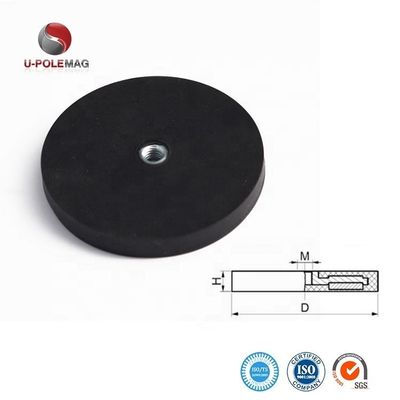 Неодимовый круглый магнит D22x6mm с M4 плоской женской нитью с резиновой поверхностью